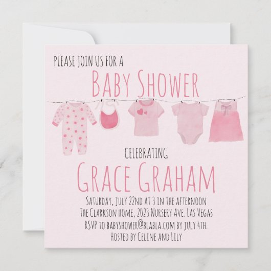Baby Girl Shower-uitnodiging Clothes on line Kaart (Voorkant)