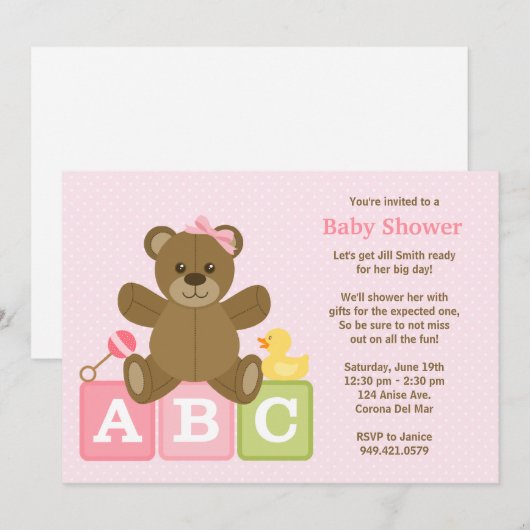 Baby Girl Shower-uitnodiging Kaart (Voorkant / Achterkant)