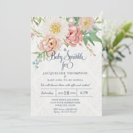 Baby Girl Shower Waterverf Blush in White Floral Kaart (Staand voorkant)