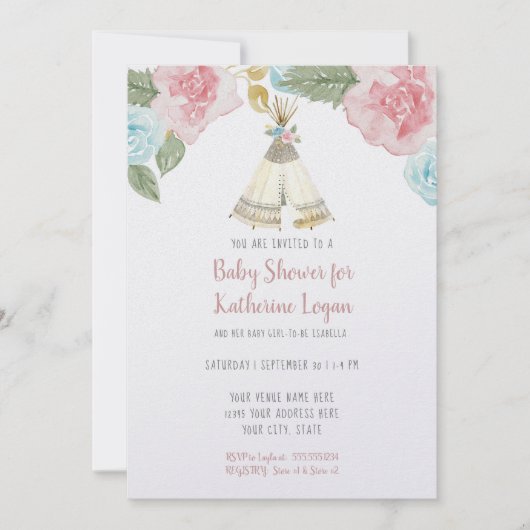 Baby Girl Shower Woodland Animal Floral Waterverf Kaart (Voorkant)