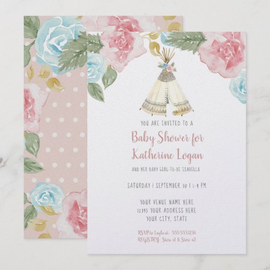 Baby Girl Shower Woodland Animal Floral Waterverf Kaart (Voorkant / Achterkant)