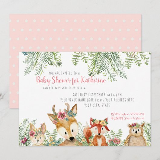 Baby Girl Shower Woodland Animals Boho Deer in Fox Kaart (Voorkant / Achterkant)