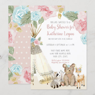 Baby Girl Shower Woodland Beer Deer Floral Teepee Kaart
