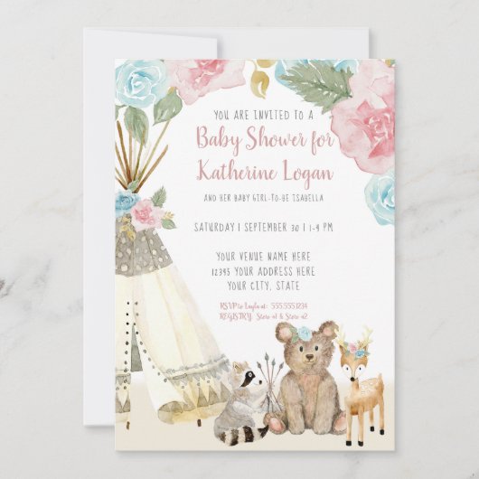 Baby Girl Shower Woodland Grey Deer Floral Teepee Kaart (Voorkant)