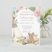 Baby Girl Shower Woodland Grey Deer Floral Teepee Kaart (Staand voorkant)