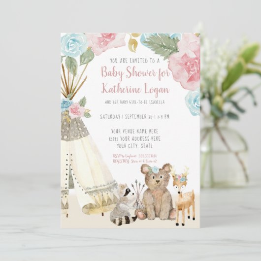 Baby Girl Shower Woodland Grey Deer Floral Teepee Kaart (Staand voorkant)