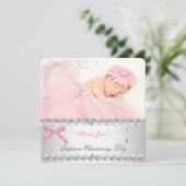 Baby Girl Silver Pink Baptisme Cross Aankondiging (Staand voorkant)