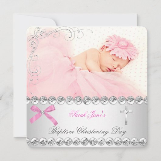 Baby Girl Silver Pink Baptisme Cross Aankondiging (Voorkant)