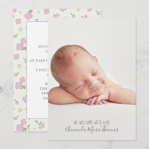 Baby GIrl Simple Cute Whimsical Floral Foto Roze Aankondiging