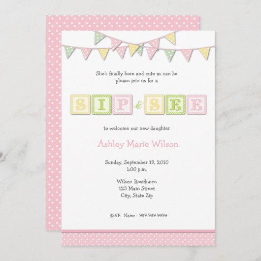 Baby Girl Sip en zie Uitnodiging (Voorkant / Achterkant)