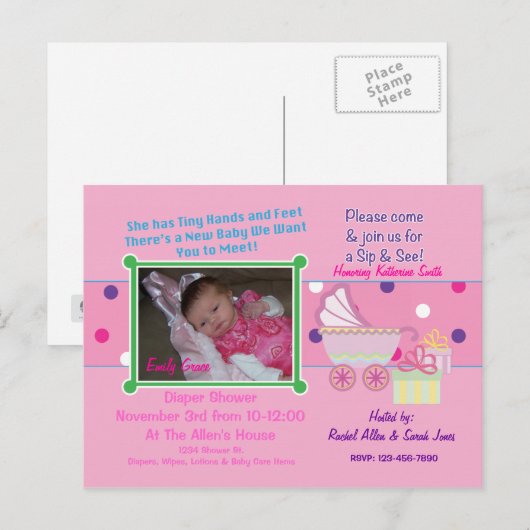 Baby Girl Sip & See Douche Briefkaart (Voorkant / Achterkant)