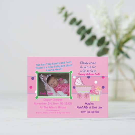 Baby Girl Sip & See Douche Briefkaart (Staand voorkant)