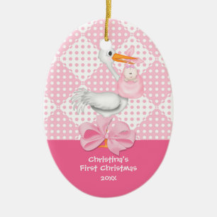 Baby Girl Stork Baby's eerste kerstsieraad Keramisch Ornament