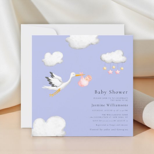 Baby Girl Stork Douche Lavendel Uitnodiging