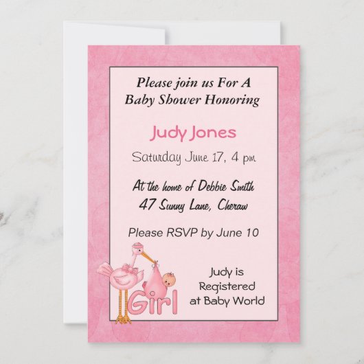 Baby Girl Stork Shower Invitations Kaart (Voorkant)