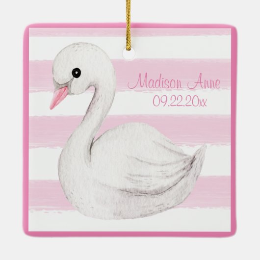 Baby Girl Swan Girly Pink Script personaliseren Keramisch Ornament (Achterkant)