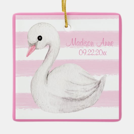 Baby Girl Swan Girly Pink Script personaliseren Keramisch Ornament (Voorkant)