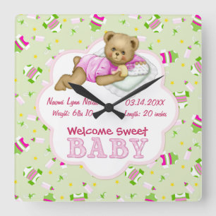 Baby Girl Teddy Bear Vierkante Klok