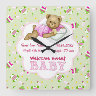 Baby Girl Teddy Bear Vierkante Klok