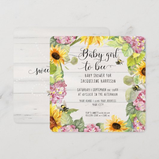 Baby Girl to Bee Sunflower Pink Hydrangeas Shower Kaart (Voorkant / Achterkant)