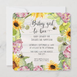 Baby Girl to Bee Sunflower Pink Hydrangeas Shower Kaart