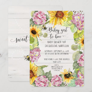 Baby Girl to Bee Sunflower Pink Hydrangeas Shower Kaart