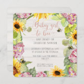 Baby Girl to Bee Sunflower Pink Hydrangeas Shower Kaart (Voorkant / Achterkant)