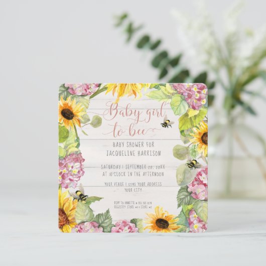 Baby Girl to Bee Sunflower Pink Hydrangeas Shower Kaart (Staand voorkant)