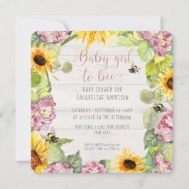 Baby Girl to Bee Sunflower Pink Hydrangeas Shower Kaart