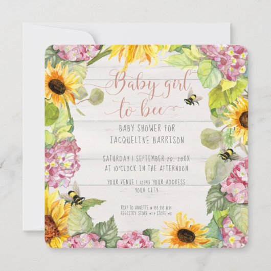 Baby Girl to Bee Sunflower Pink Hydrangeas Shower Kaart (Voorkant)