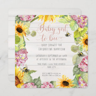 Baby Girl to Bee Sunflower Pink Hydrangeas Shower Kaart