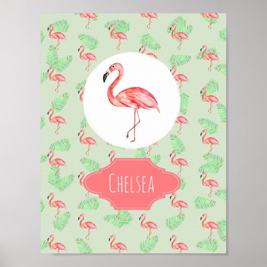 Baby Girl Tropical Pink Flamingo Name Nursery Poster (Voorkant)