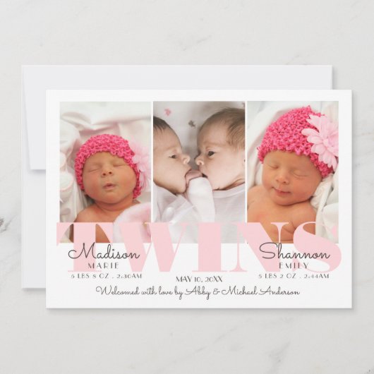 Baby Girl Twins  in Pink Birth Announance Aankondiging (Voorkant)