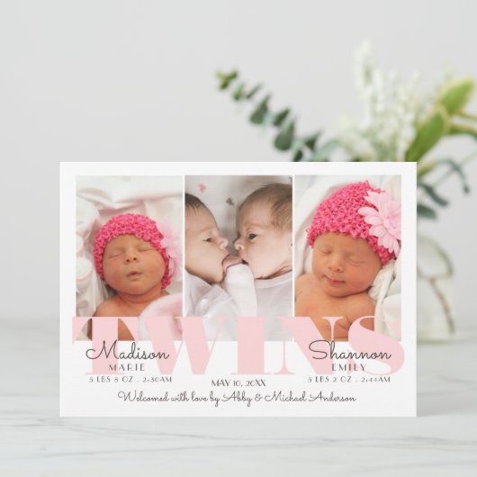Baby Girl Twins  in Pink Birth Announance Aankondiging (Staand voorkant)