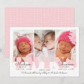 Baby Girl Twins  in Pink Birth Announance Aankondiging (Voorkant / Achterkant)