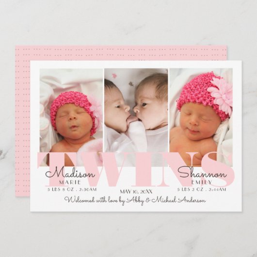 Baby Girl Twins  in Pink Birth Announance Aankondiging (Voorkant / Achterkant)