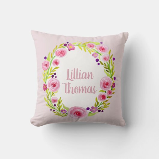 Baby Girl Waterverf Flower Wreate & Name Nursery Kussen (Voorkant)