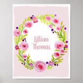 Baby Girl Waterverf Flower Wreate & Name Nursery Poster (Voorkant)