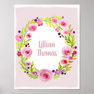 Baby Girl Waterverf Flower Wreate & Name Nursery Poster