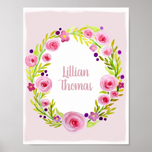 Baby Girl Waterverf Flower Wreate & Name Nursery Poster (Voorkant)