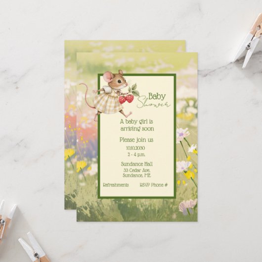 Baby Girl Woodland Animal Shower Kaart (Voorkant / Achterkant in situ)