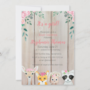 Baby Girl Woodland Animals Shower Invitation Kaart