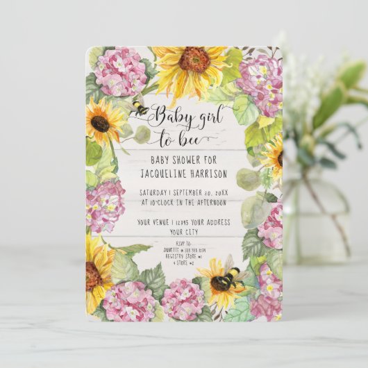 Baby Girl wordt Bee Sunflower Roze Hortensia Showe Kaart (Staand voorkant)
