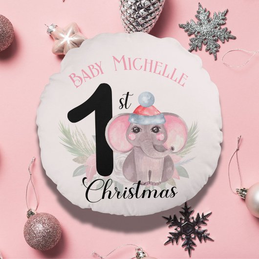 Baby Girl's 1st Christmas Schattigee Roze Olifant  Rond Kussen