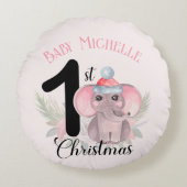 Baby Girl's 1st Christmas Schattigee Roze Olifant  Rond Kussen (Voorkant)