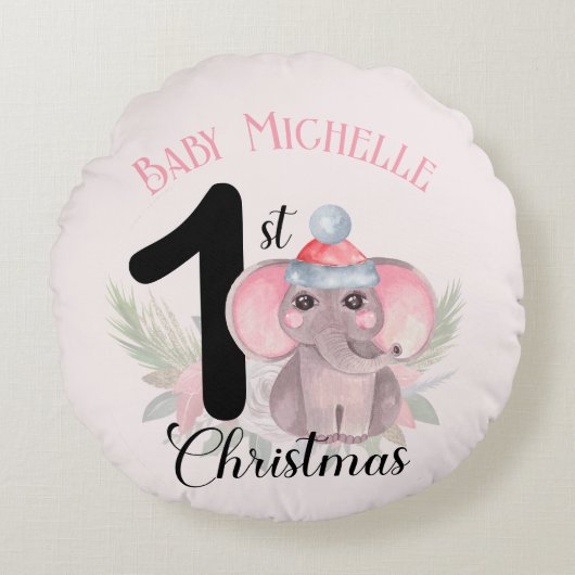 Baby Girl's 1st Christmas Schattigee Roze Olifant Rond Kussen (Voorkant)