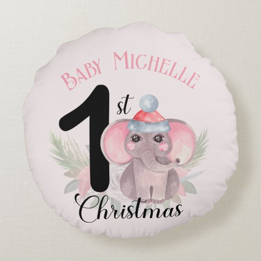 Baby Girl's 1st Christmas Schattigee Roze Olifant  Rond Kussen (Achterkant)