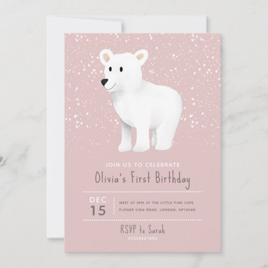 Baby Girls 1ste verjaardag Roze Holiday Polar Beer Kaart (Voorkant)