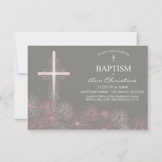 Baby Girl's Baptism Uitnodiging met Kruis, Daisies (Voorkant)
