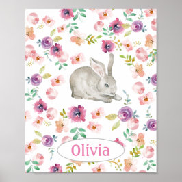 Baby Girl's Bunny w Name Nursery Floral Waterverf Poster